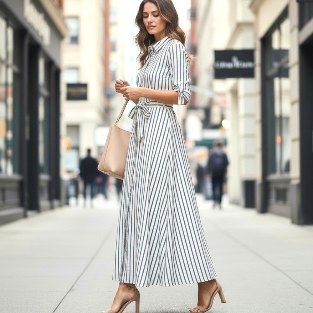 Calvin Klein Shirt Dress Women 8 Blue White Excellent Striped Midi Cotton Belted - Picture 11 of 16